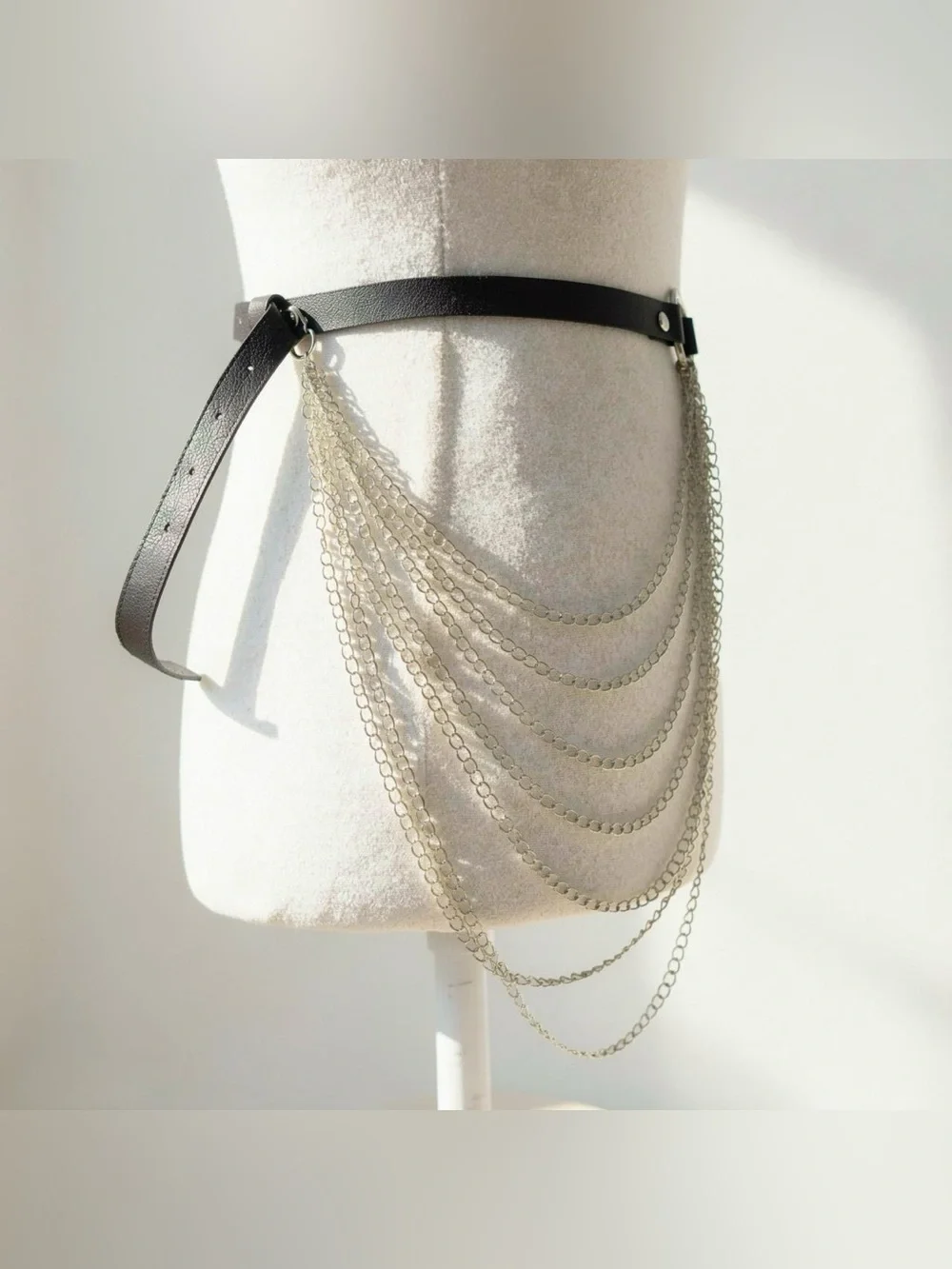 Y2K 2000s style Black leather belt with silver chain fringe